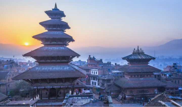 Sunrise over ancient temples in Bhaktapur, UNESCO World Heritage Site on the eastern corner of the Kathmandu Valley, Bagmati, Nepal