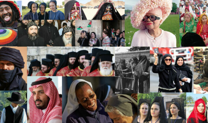 A collage of people of different religions wearing head coverings.