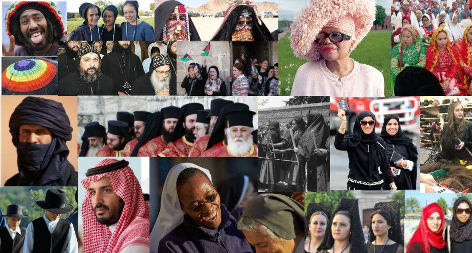 A collage of people of different religions wearing head coverings.