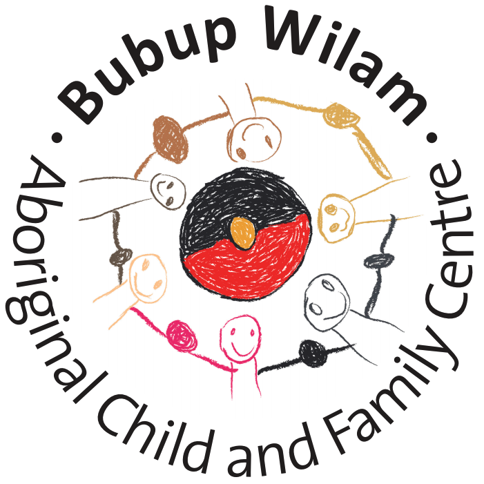 Текстът на детски и семеен център на аборигени Bubap Wilam капсулира детска рисунка на кръгъл аборигенен флаг и фигури, държащи се за ръце