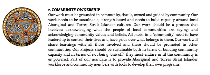 Бял фон с черен текст, очертаващ значението на собствеността на общността, произведение на аборигените, съдържащо се в малък кръг, се намира вляво от текста