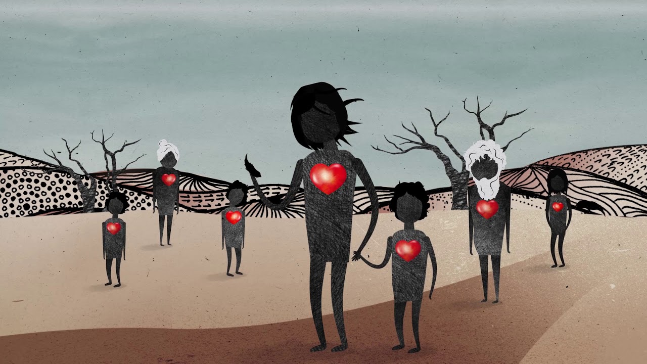 Карикатурен произведение на изкуството от седем силуета с червени сърца, нарисувани върху гърдите им, две тела в центъра на рамката се държат за ръце, пейзажът е бледо ръждясал оранжев с клони на дървета и хълмове в стил абориген в далечината