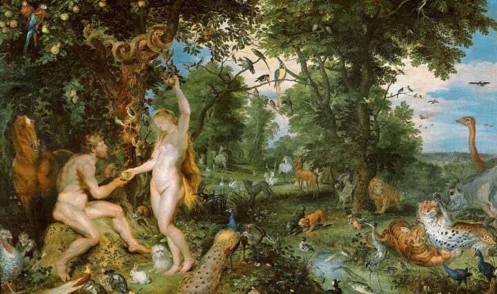 Adam, Eve, and the serpent in the garden in Eden.