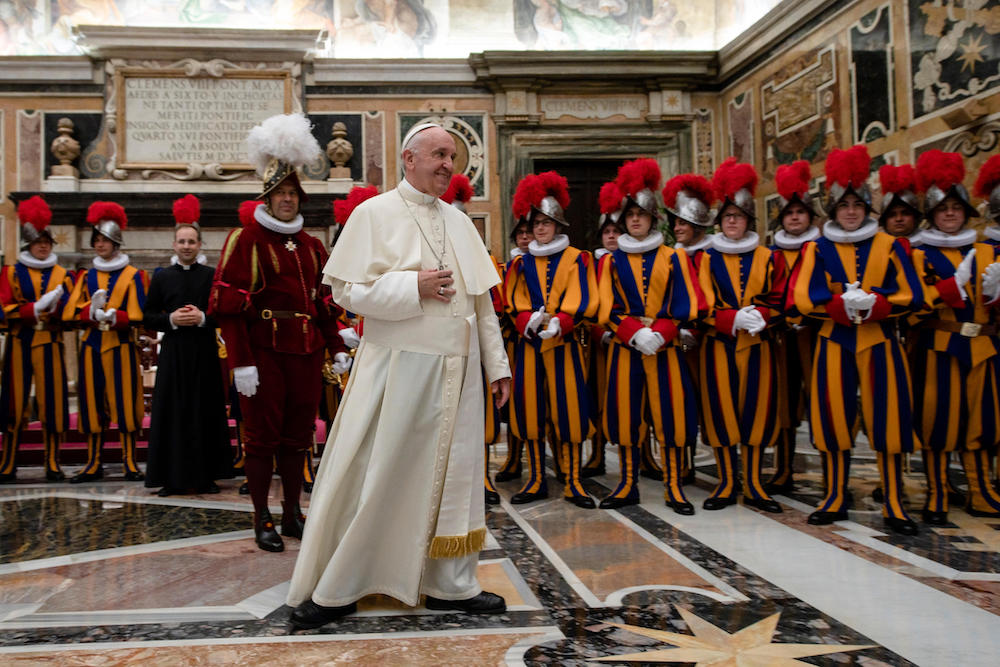 Pope Francis is pictured during an audience with Swiss Guard recruits and their family members in the Apostolic Palace at the Vatican May 4. The audience was held two days in advance of the annual swearing-in of new guards