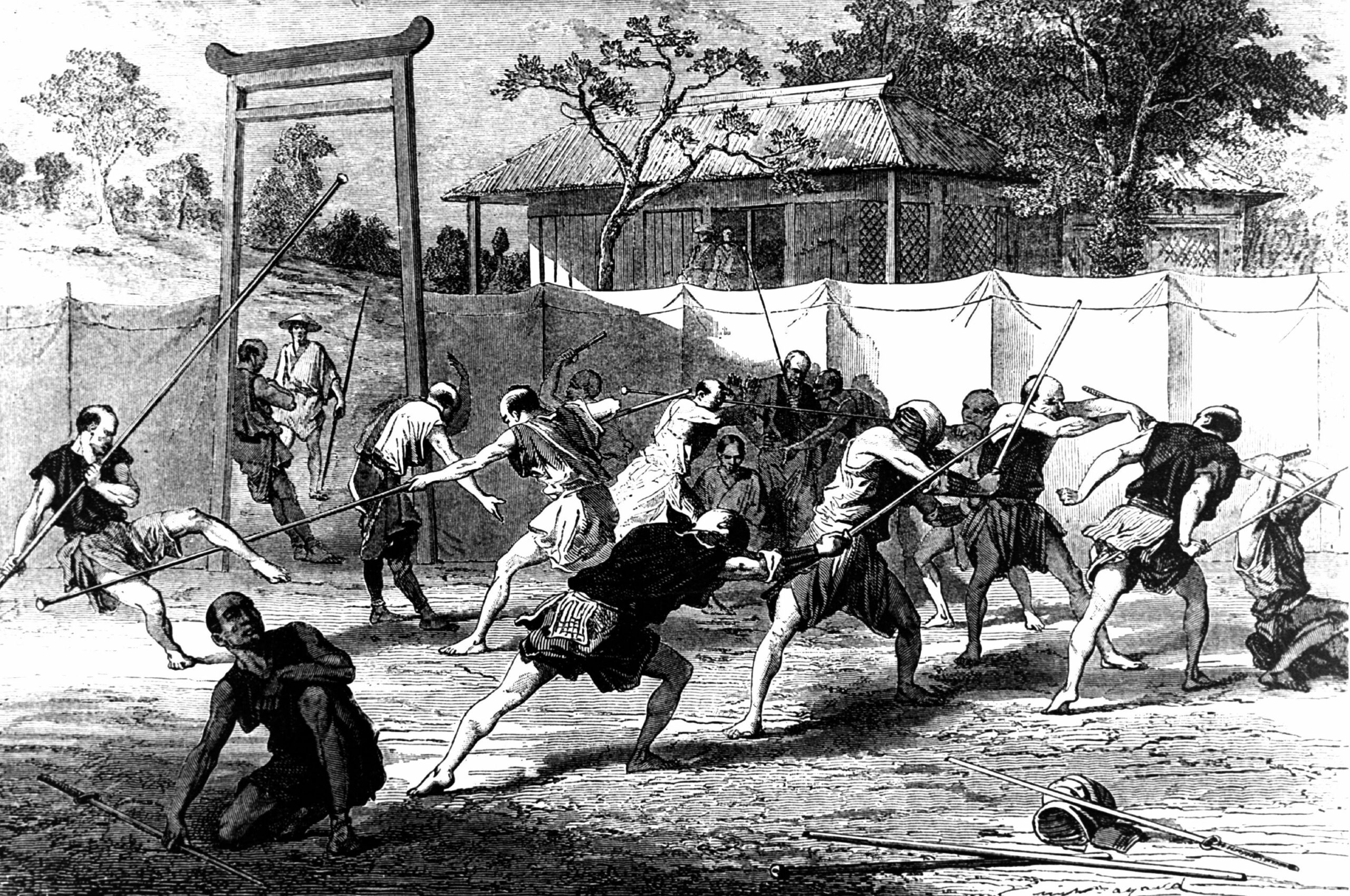 A black and white drawing depicting the training of samurai in their early stages.