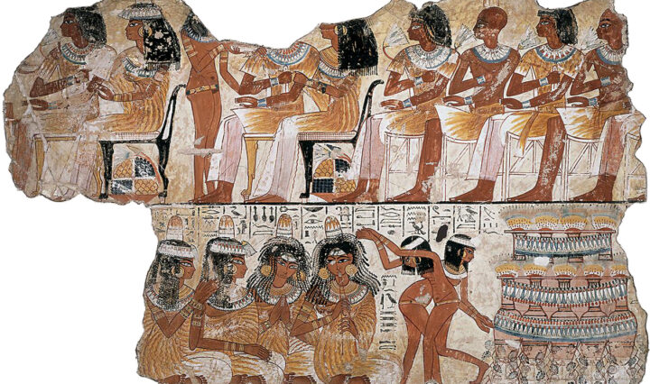 Част от стенописа от гроба на Небамун, изобразяващ танцьори на погребение.