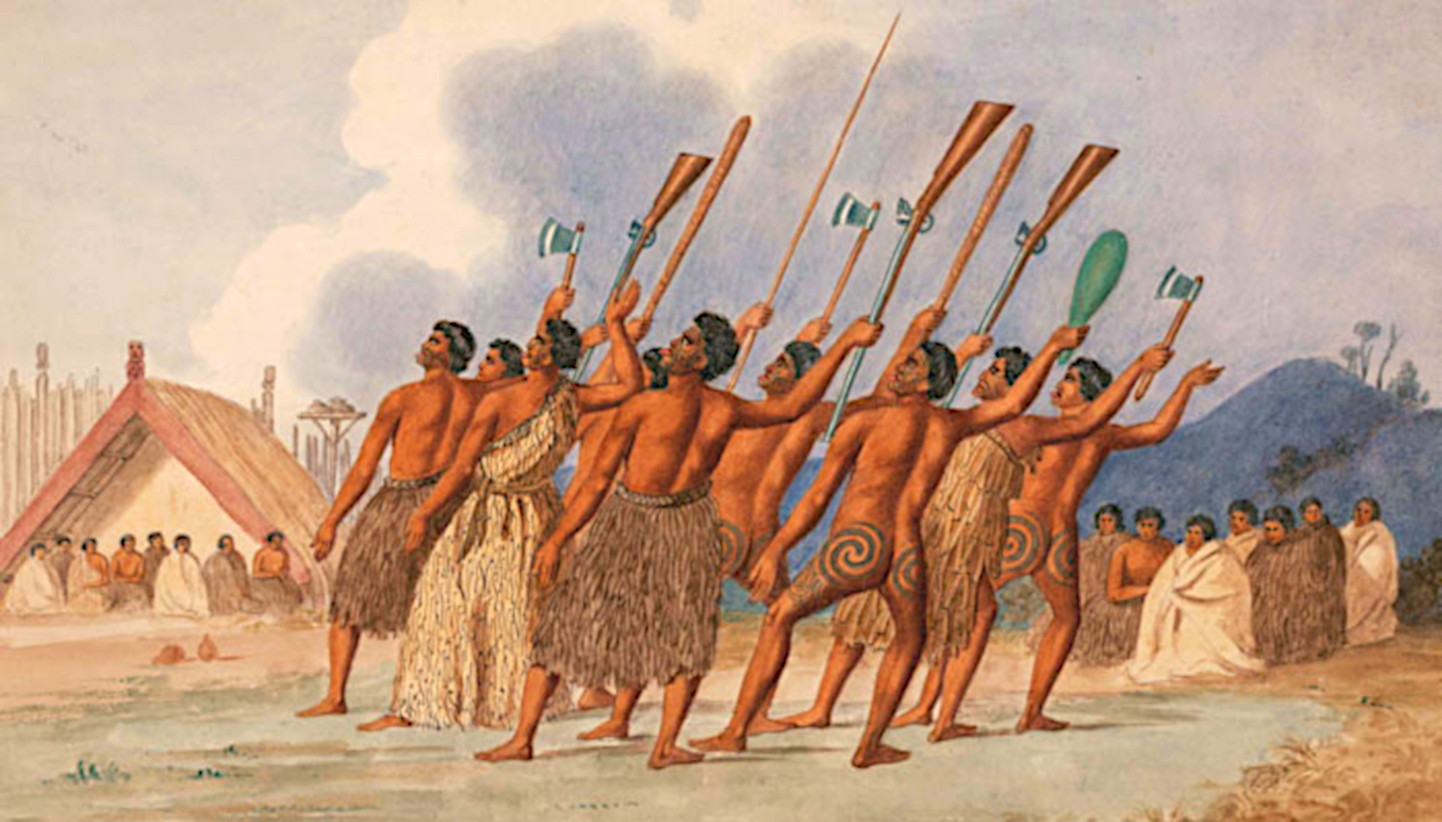 The Haka dance of the Maori people. This painting of the dance was made by Joseph Jenner Merrett (1845). 
