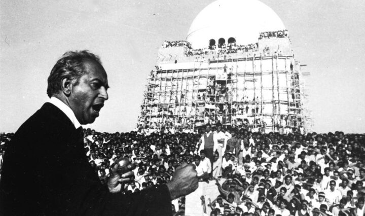 In this February 17, 1969 file photo, former Pakistan foreign minister Zulfikar Ali Bhutto speaks to supporters at the mausoleum of the Quaid-e-Azam, in Karachi.