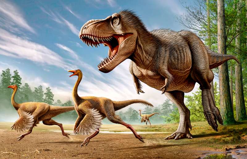 A painting of a tyrannosaurus rex chasing two smaller theropod dinosaurs in an open plain