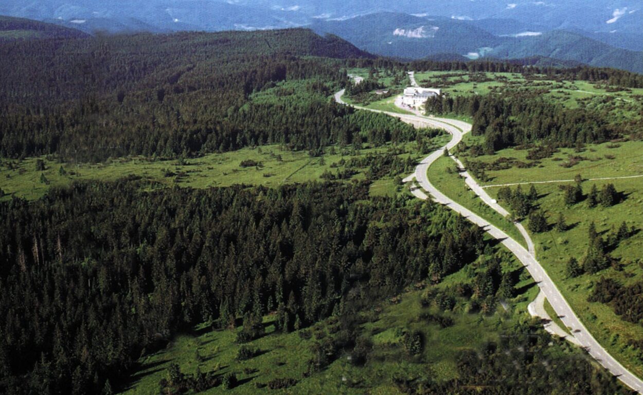 Чернопътният хребет, минаващ през Шварцвалд, със зелени хълмове и вечнозелени дървета от двете страни.