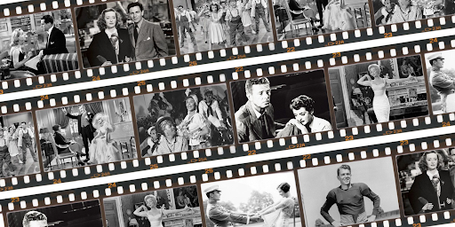 A black and white collage of old hollywood films