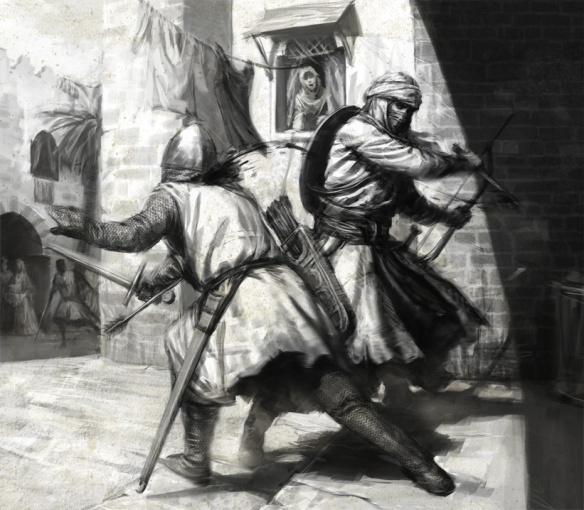 A black and white drawing, depicting a hashashin fighting a crusade ( with the helmet) in a Persian village