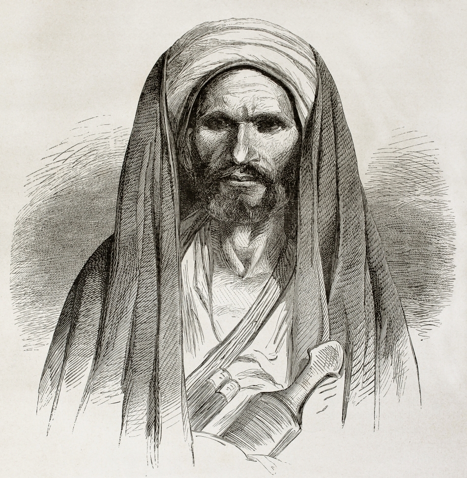 A drawn image in black and white of Hassan-i Sabbah in traditional Persian wear.