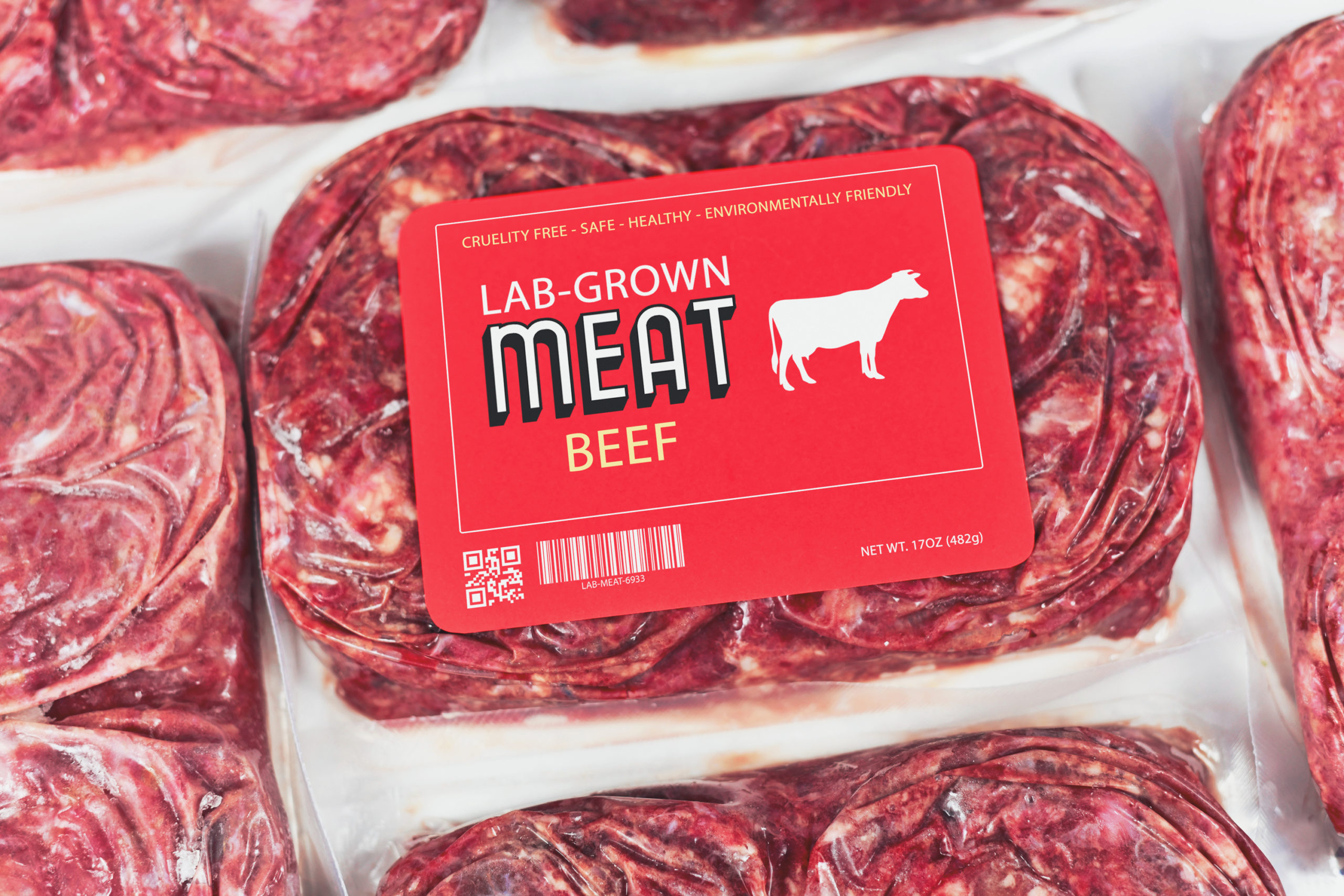 Лабораторно отгледано концепция за култивирано месо за изкуствено производство на месо in vitro клетъчна култура със замразено опаковано сурово говеждо месо с грим