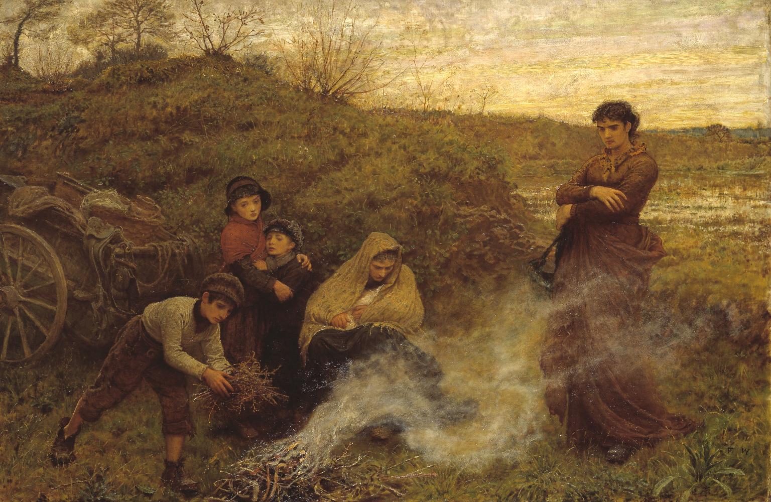 цветна картина на картината на Фредерик Уокър, наречена „Бродягите“, които седят около огъня на поляната