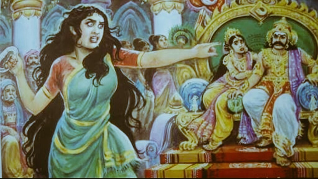 Kannagi, one of the main characters of Silapathikaram, proving her husband's innocent in rage to the king, highlighting the importance of chasity in Tamil culture.