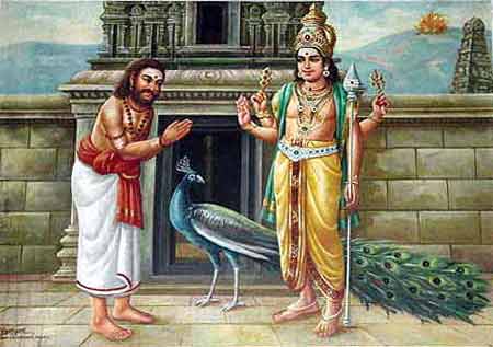 Arunigirinathar and Lord Murugan in front of the temple, after Murugan saves him from death.