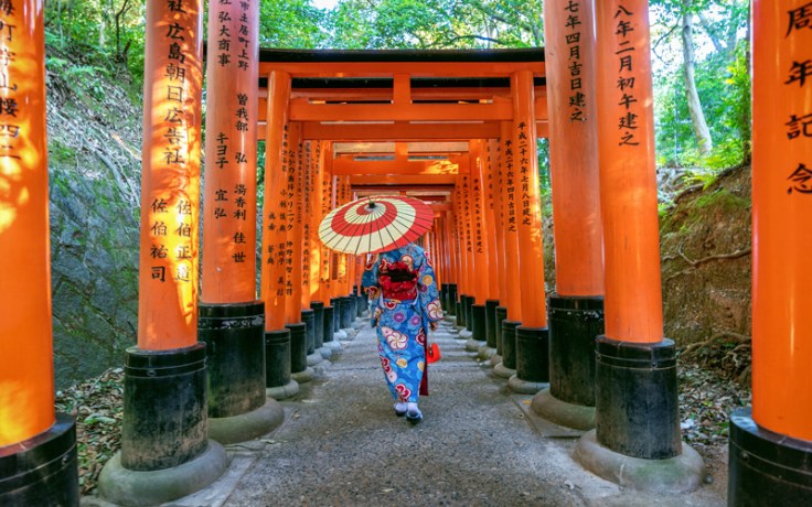 En japansk kvinde, lige efter hendes ceremoni, går mod en helligdom for at bede, klædt i en kimono.
