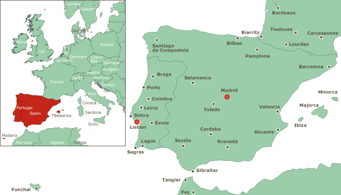 Location map of Spain in southwestern Europe.