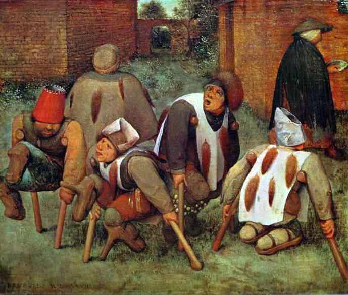 цветно изображение на картина на Бройгел, известна като просяци или инвалиди, на която на поляната седят пет осакатени просяци