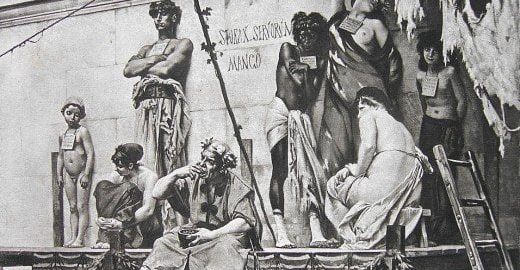 a black and white image of the disabled people in the Roman period, being exhibited publicly for auction 