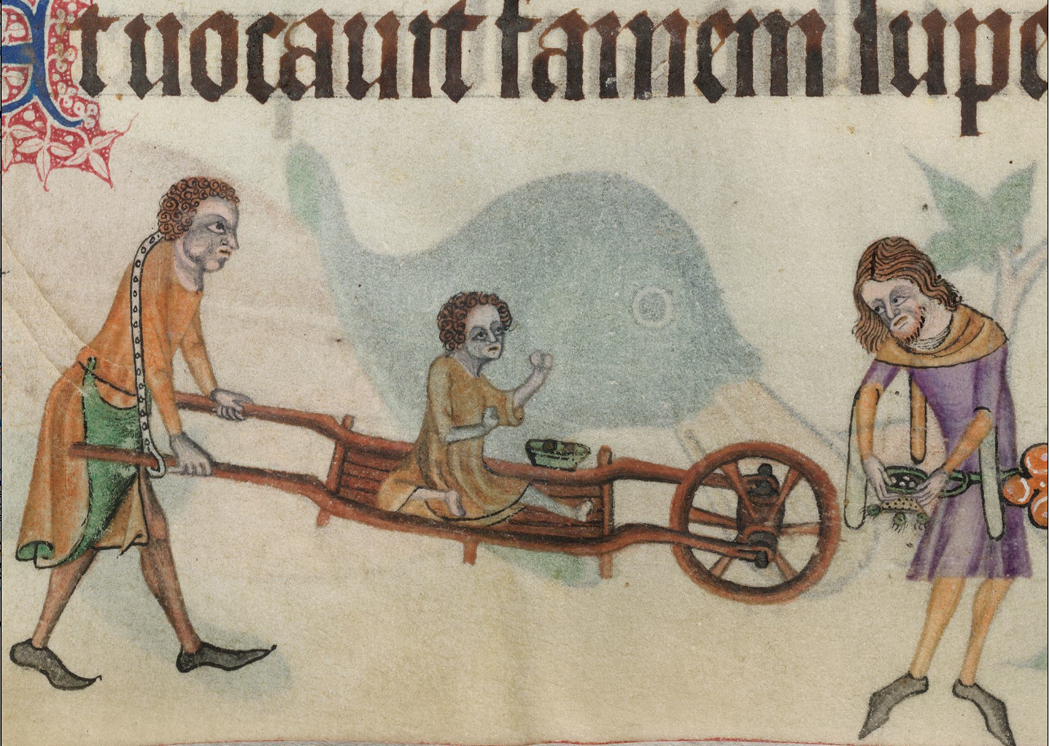 a colored picture of caritucaristic drawing of two people carrying a person with disability in a handbarrow 