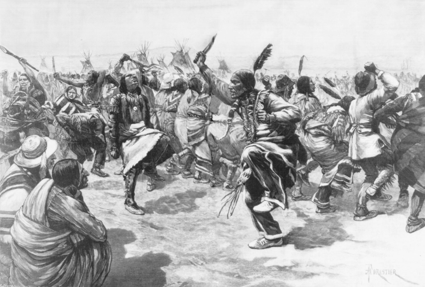 Black and white illustration of the Ghost Dance
