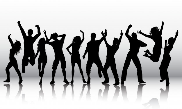 Black and white silhouettes of several people dancing.