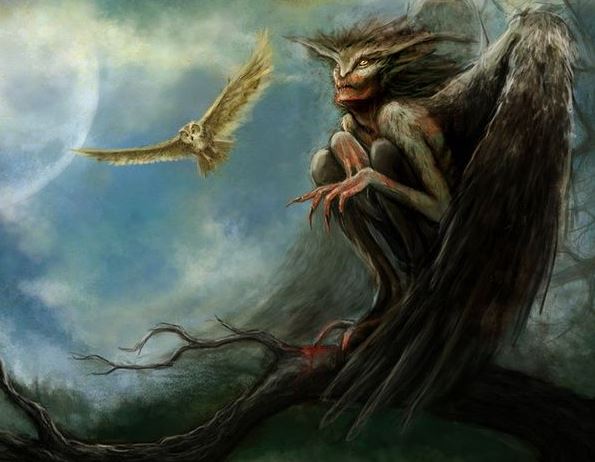 Изображение на крилато митично създание, стрикс, кацнало върху старо дърво с бухал, летящ към него.