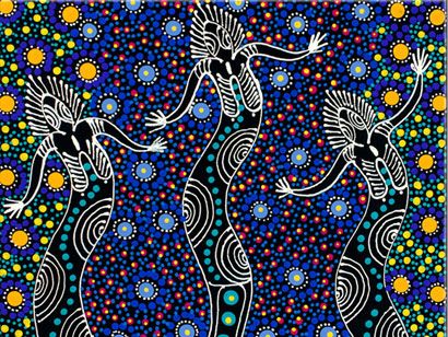 Indfødte australiere prikkede kunstværker af Dreamtime skildrer tre åndevæsner, der danser midt i blå og gule prikker