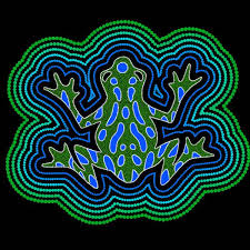 Et indfødt kunstværk af frøen Tiddalik i blå og grønne prikker på en sort baggrund