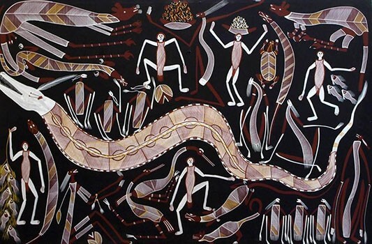 Et indfødt australsk kunstværk af en Dreamtime -historie med menneskelige figurer og dyr malet i brunt og sort
