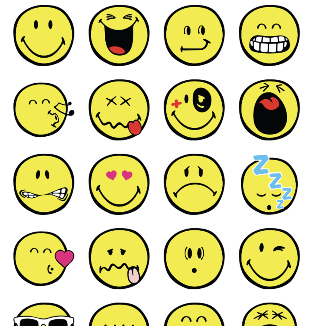 Various yellow emoticons against a white background