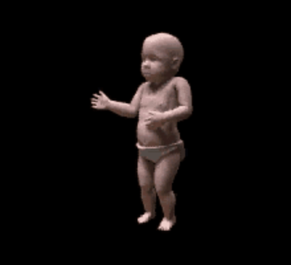 One of the first gif memes, the digitally produced dancing baby , dressed only in a diaper against a black background