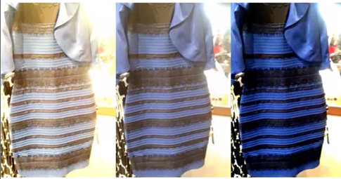 An internet meme of three different dresses in different stages of being faded out in blue and black, grey and gold