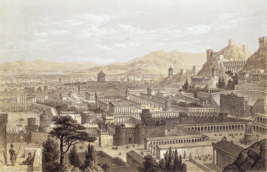Изпълнение на художника с древен Ефес, римски град със стадиони, колонирани пътеки и къщи с тераси, простиращи се в далечината