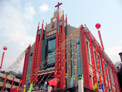 A newly built Christian church in China with characterized Chinese decorations, such as red 