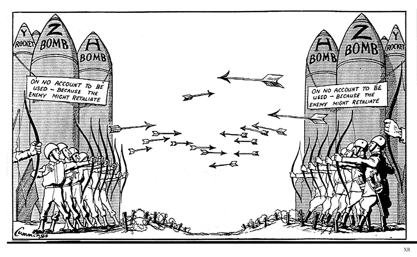 A black and white satirical drawing of the US (left) and the Soviet Union (right) shooting arrows from their bows at one another, with their nuclear weapons behind them but not using them against one another in fear or retaliation.