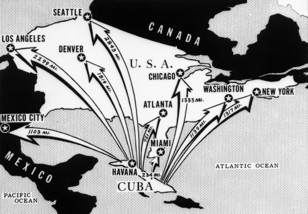 A black and white depiction of where the Soviet Union's missiles in Cuba potential targets of the American states close to the coast if they had not been removed.