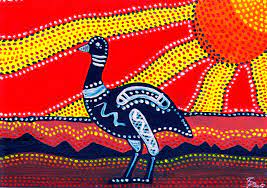 The story of the emu and jabiru, depicted in Dreamtime art. 