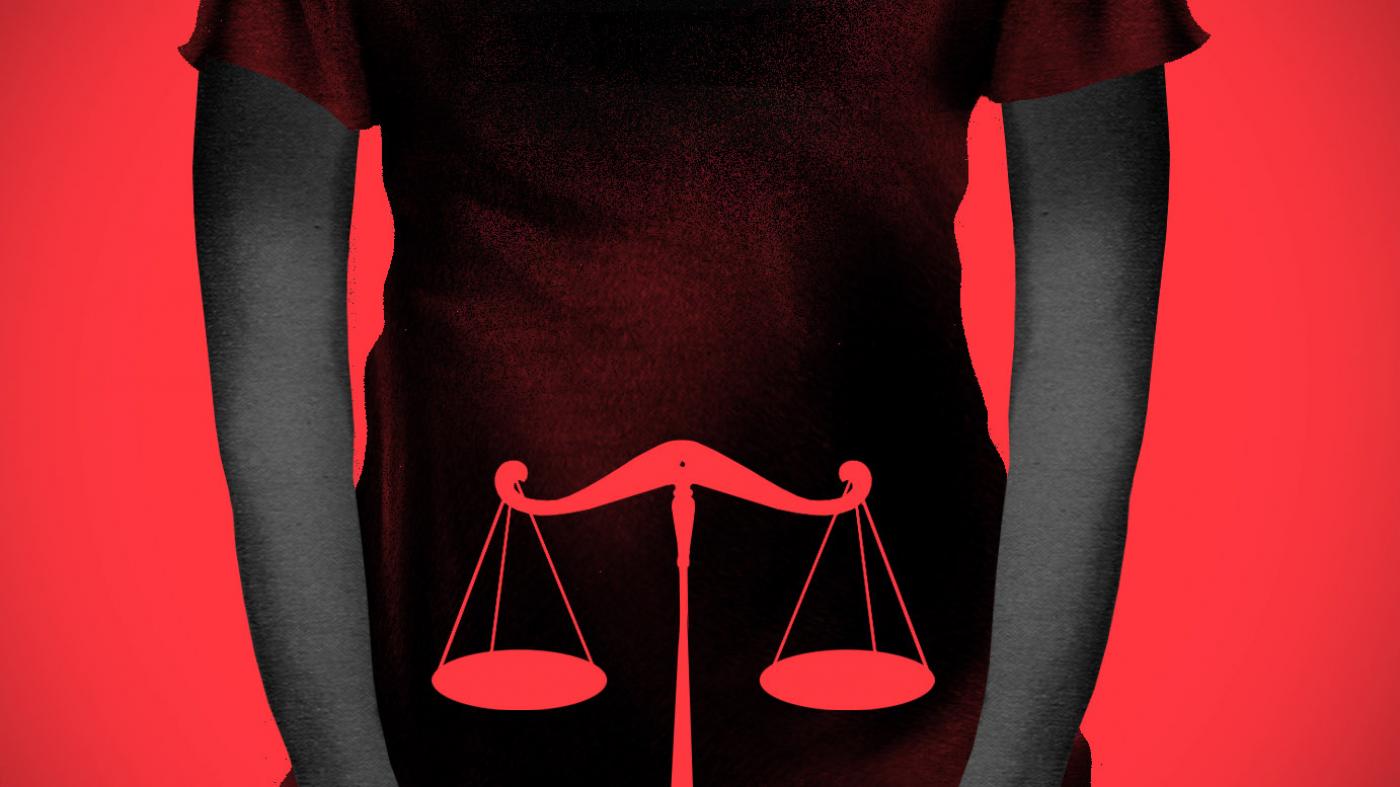 Red background with a person's silhouetted torso and scale illustration in the middle of the torso