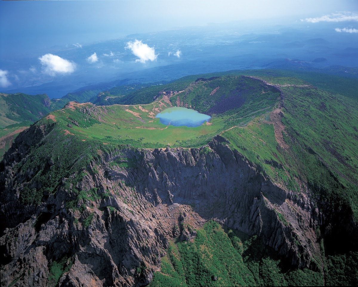 the colored image of the highest mountain of South Korea in Jeju island, we we see the peak of the volcanic mountain from the bird's eye view