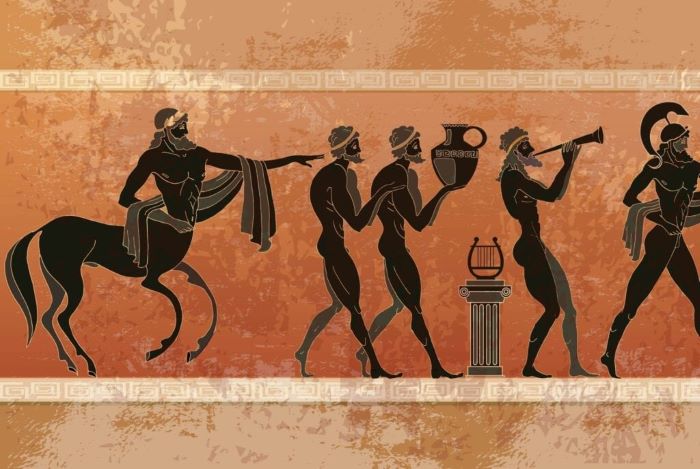 Ancient Greeks enjoying their music and dances in everyday life