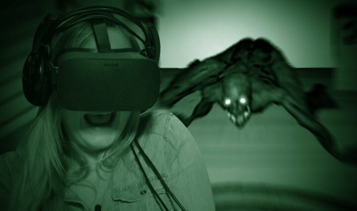 Woman wearing oculus rift in the dark