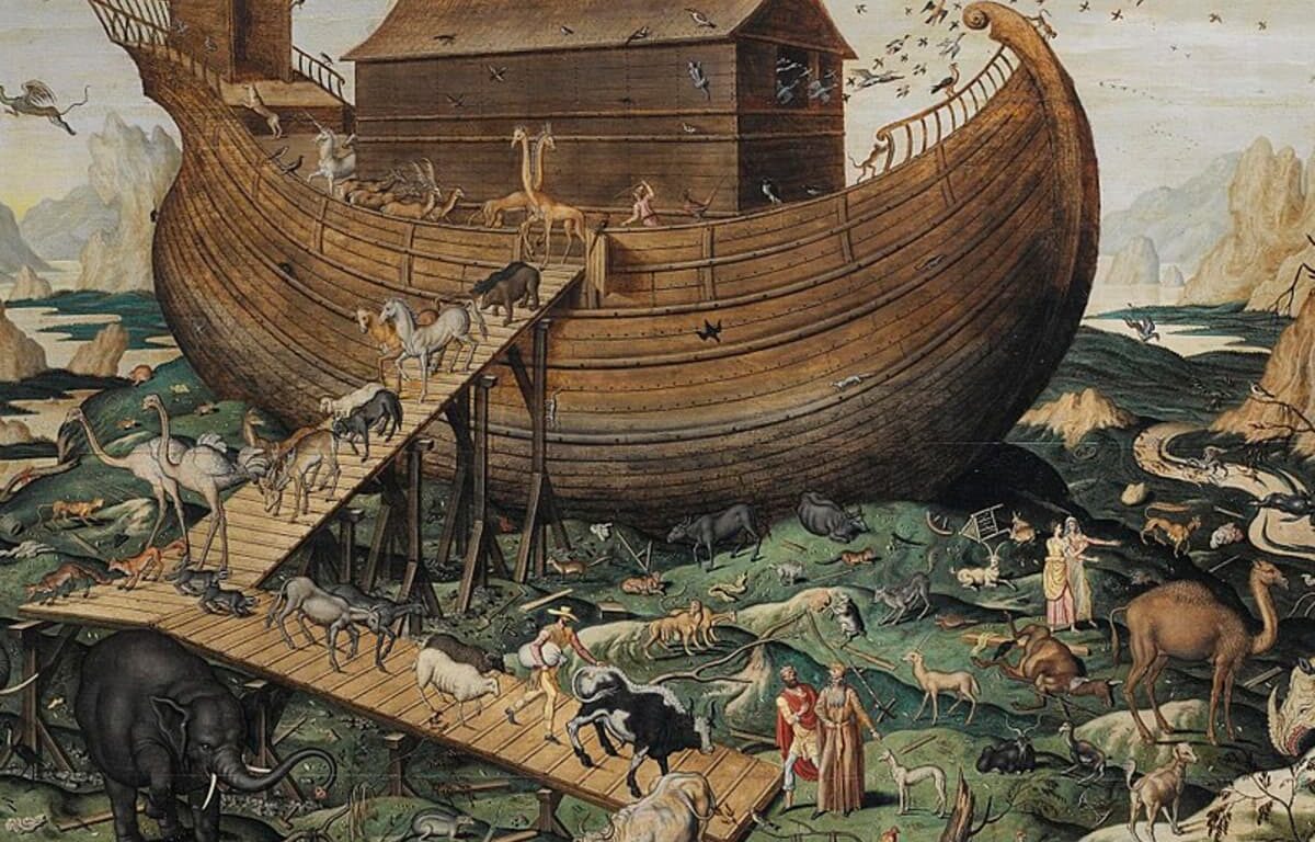 Illustratie van de dieren die aan boord gaan van de ark.