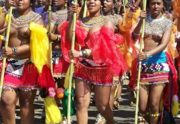 A group of virgin girls on their way to the Zulu Reed Dance