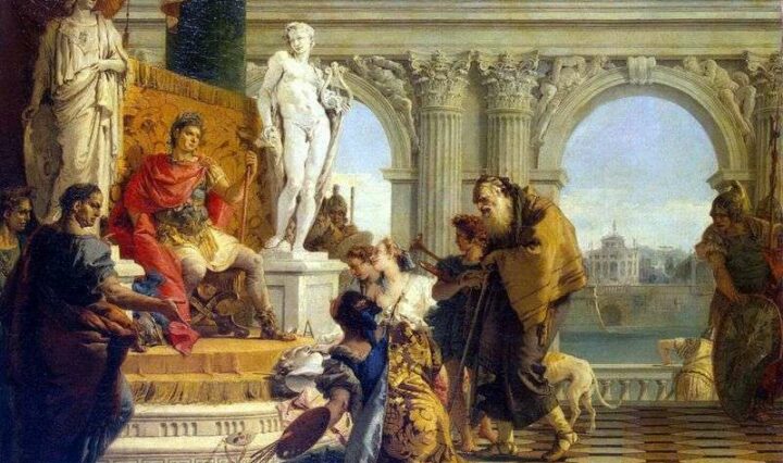 Patron to the arts Maecenas presents artists and musicians to his friend Emperor Augustus.