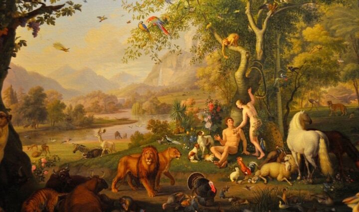 The image of Garden of Eden as Eve gives Adam apple surrounded by animals, lions walkin in the foregorund and at the backgound we see a river flowing ang mountains and trees
