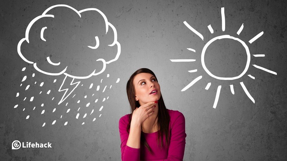 A woman thinking to herself. Behind her is a drawing of a sun on one side, representing positivity, and a thundercloud on the other side, representing negativity.