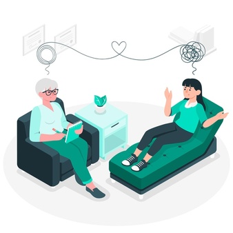 An illustration of a psychologist having a therapy session with their patient.